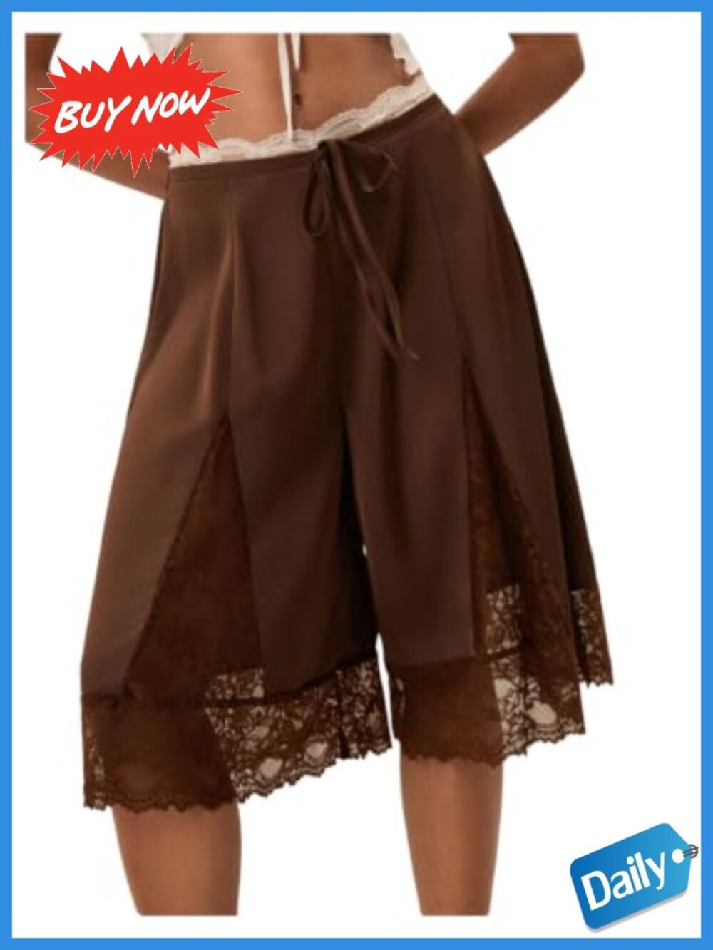 Lace Capri Wide Leg Shorts Low Rise Knee Length Drawstring Pull On